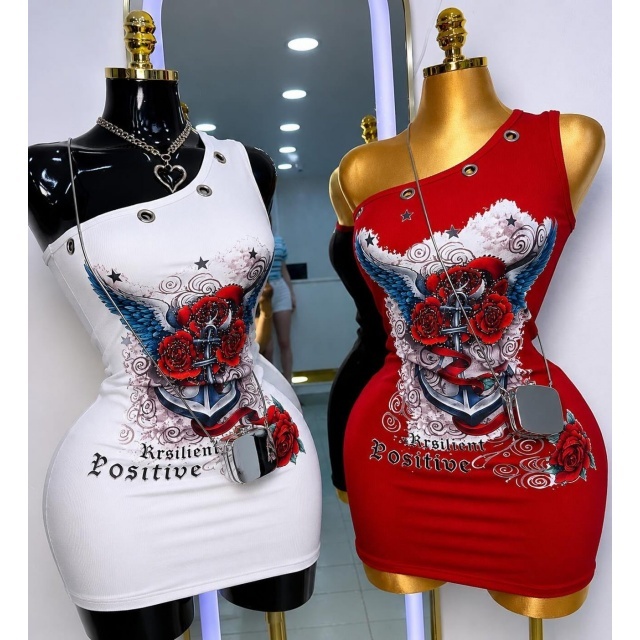Retro Printed One Shoulder Bodycon Dress