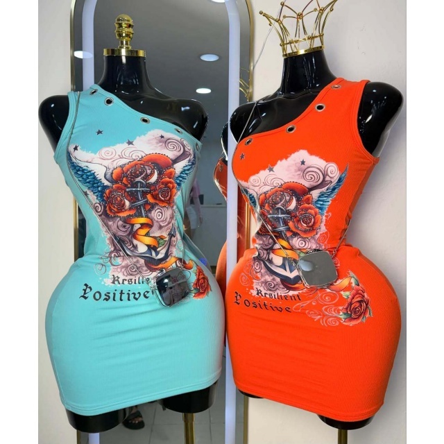 Retro Printed One Shoulder Bodycon Dress