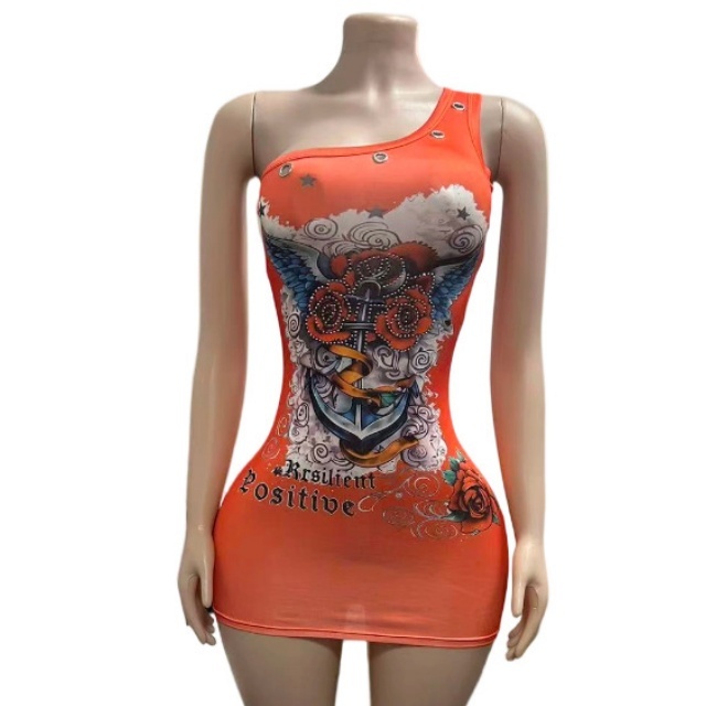 Retro Printed One Shoulder Bodycon Dress