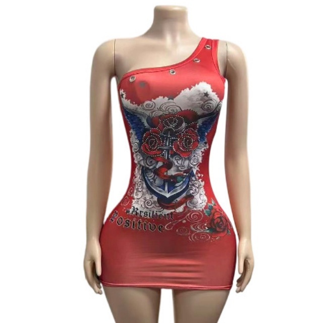 Retro Printed One Shoulder Bodycon Dress