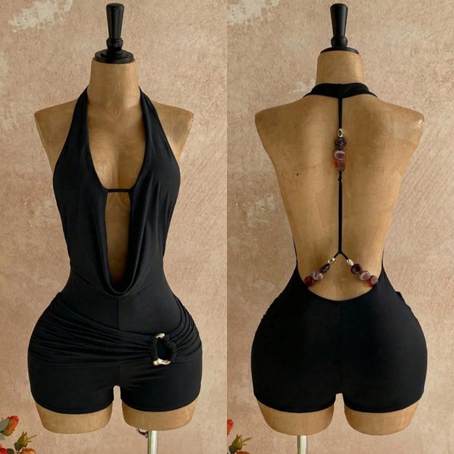 Bohemian Halter Backless Metallic Beading Romper