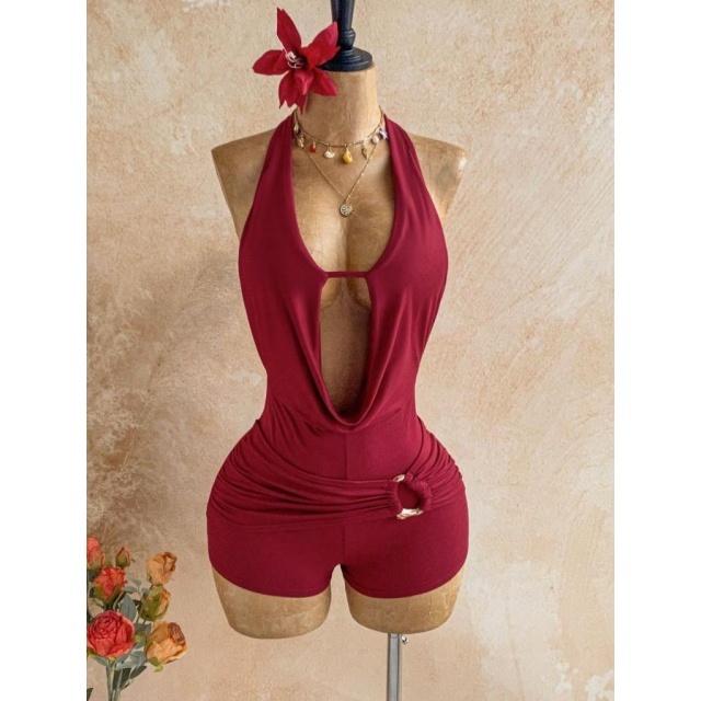 Bohemian Halter Backless Metallic Beading Romper
