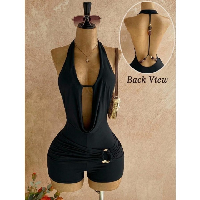 Bohemian Halter Backless Metallic Beading Romper