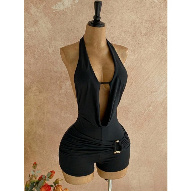 Bohemian Halter Backless Metallic Beading Romper