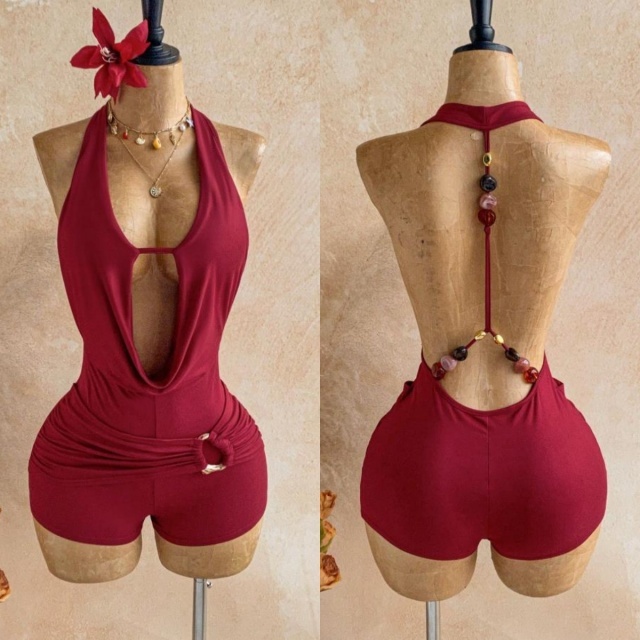 Bohemian Halter Backless Metallic Beading Romper