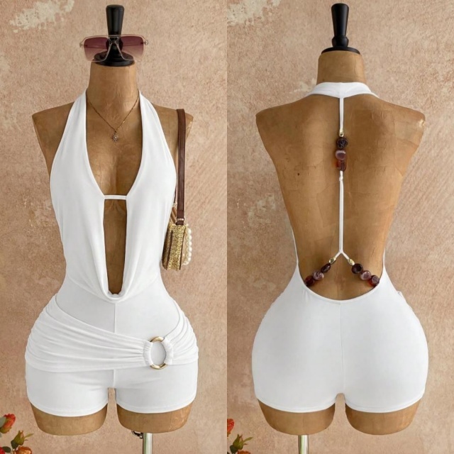 Bohemian Halter Backless Metallic Beading Romper
