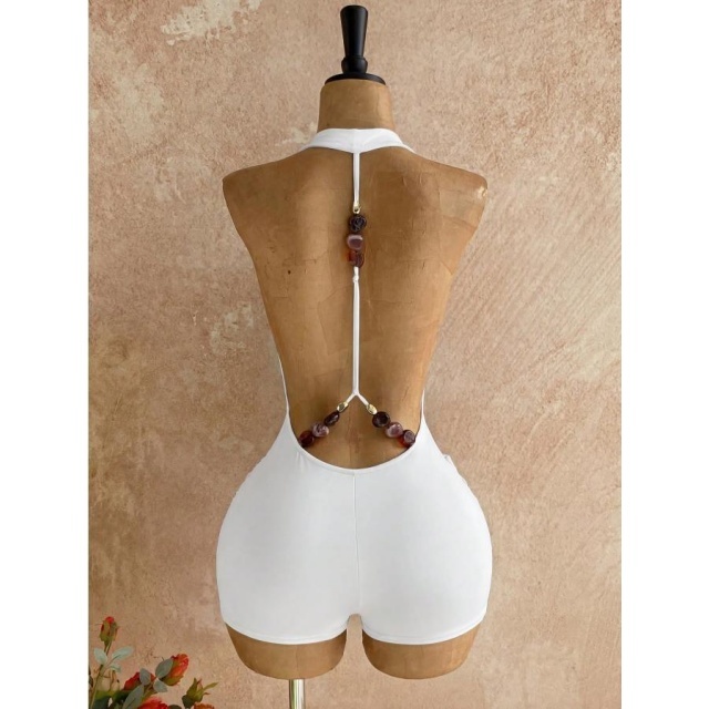 Bohemian Halter Backless Metallic Beading Romper
