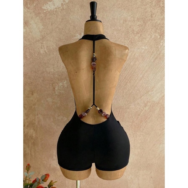 Bohemian Halter Backless Metallic Beading Romper