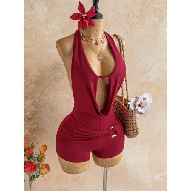 Bohemian Halter Backless Metallic Beading Romper
