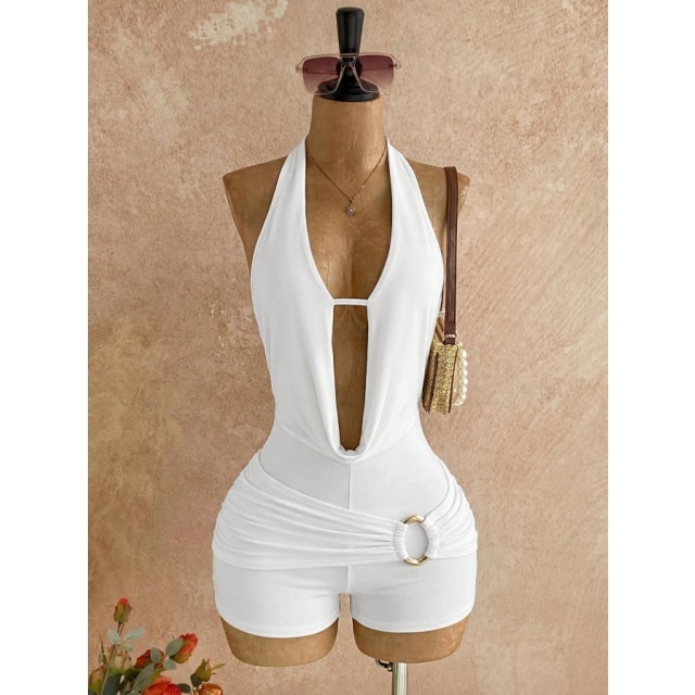 Bohemian Halter Backless Metallic Beading Romper
