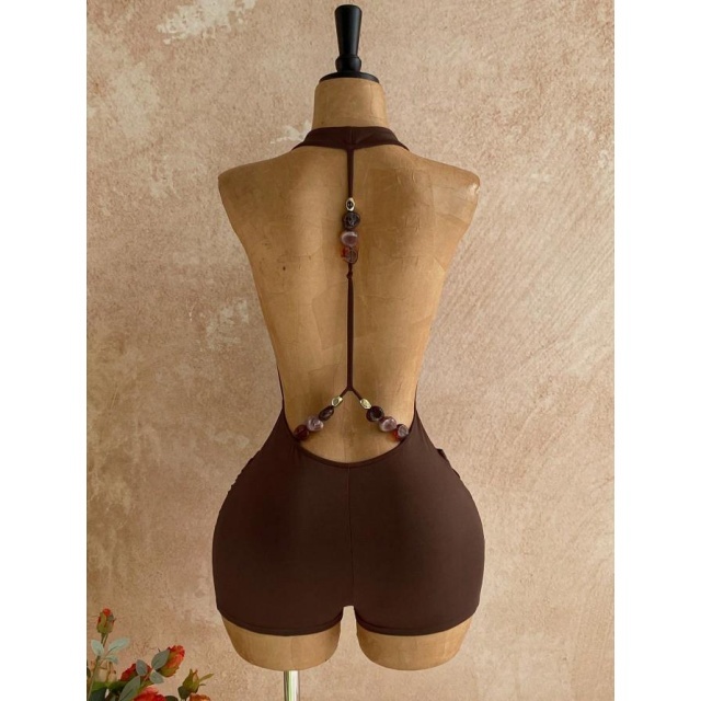 Bohemian Halter Backless Metallic Beading Romper