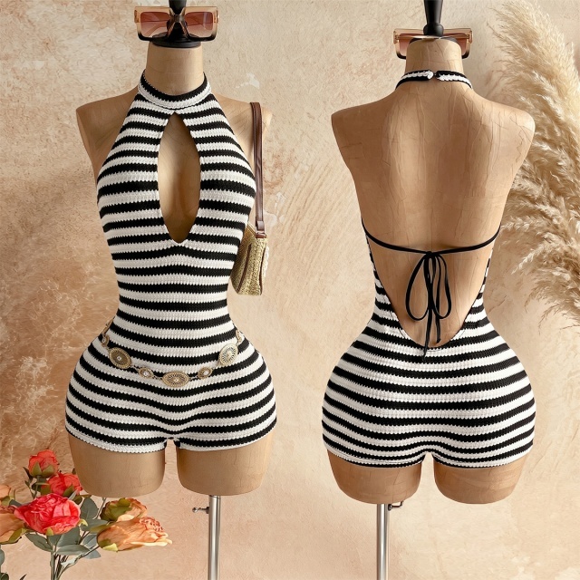 Contrast Colo Stripe Halter Backless Fitted Romper