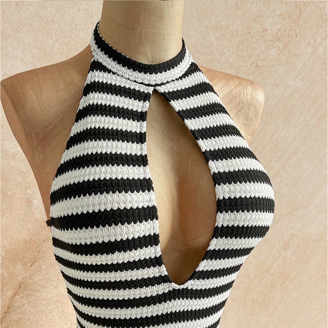 Contrast Colo Stripe Halter Backless Fitted Romper
