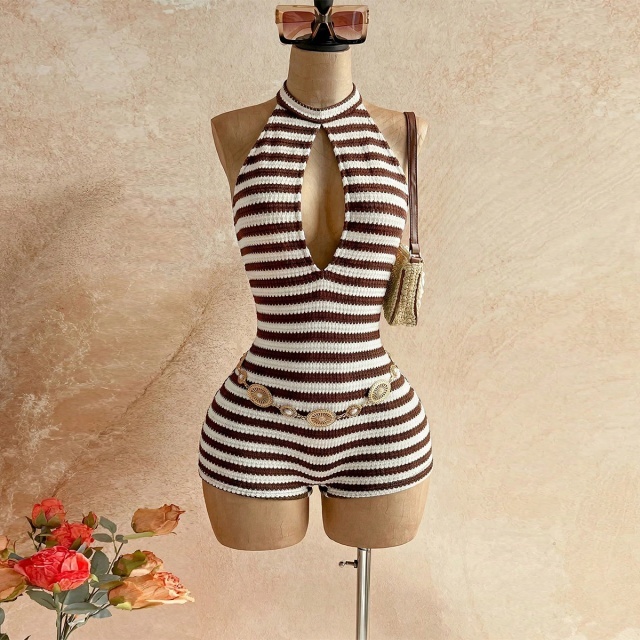 Contrast Colo Stripe Halter Backless Fitted Romper
