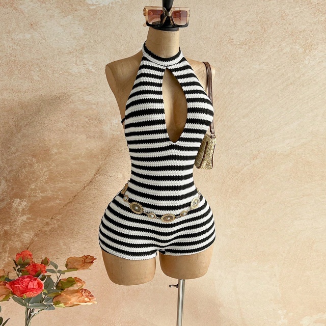 Contrast Colo Stripe Halter Backless Fitted Romper