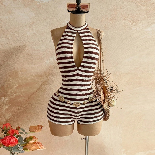Contrast Colo Stripe Halter Backless Fitted Romper