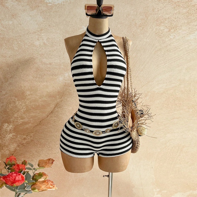Contrast Colo Stripe Halter Backless Fitted Romper