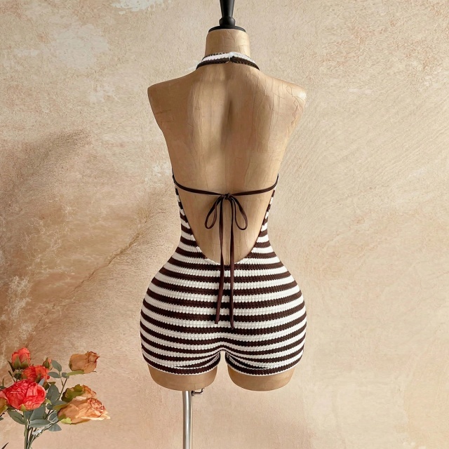 Contrast Colo Stripe Halter Backless Fitted Romper