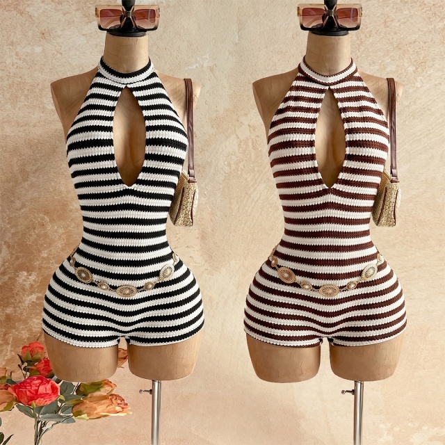 Contrast Colo Stripe Halter Backless Fitted Romper