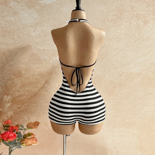 Contrast Colo Stripe Halter Backless Fitted Romper