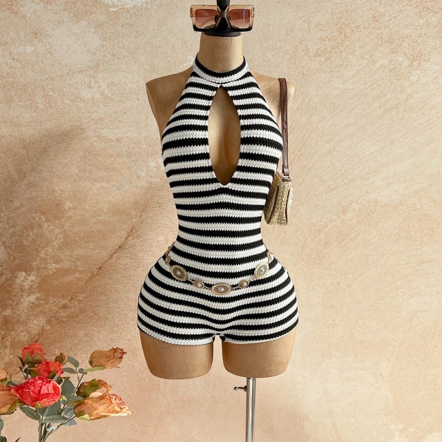 Contrast Colo Stripe Halter Backless Fitted Romper