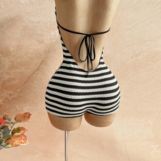 Contrast Colo Stripe Halter Backless Fitted Romper