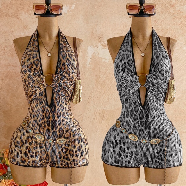 Leopard-print Sequin Halter Romper