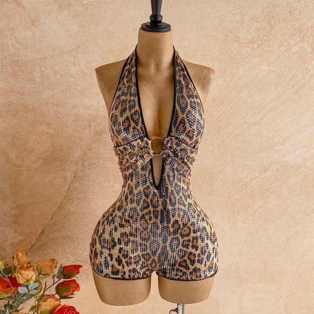 Leopard-print Sequin Halter Romper