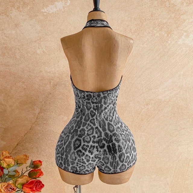 Leopard-print Sequin Halter Romper