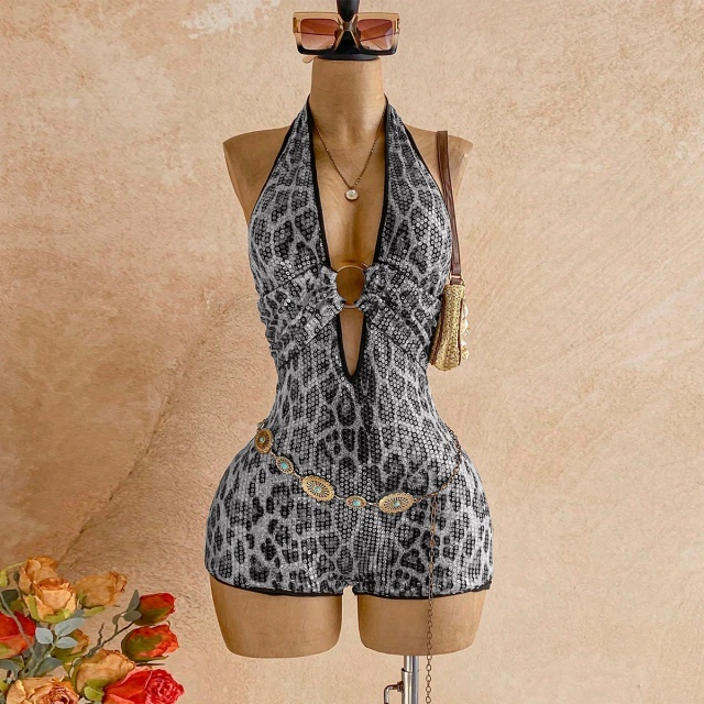 Leopard-print Sequin Halter Romper