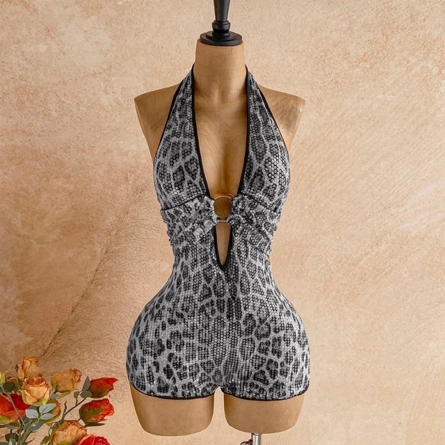 Leopard-print Sequin Halter Romper