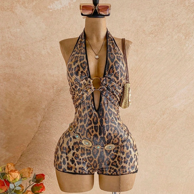 Leopard-print Sequin Halter Romper