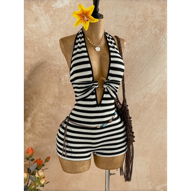 Striped Halter V Neck Fitted Romper