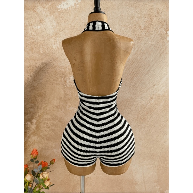 Striped Halter V Neck Fitted Romper