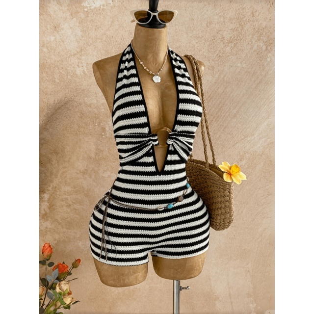 Striped Halter V Neck Fitted Romper