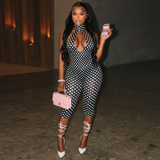 Polka Dots Printed Halter Backless Midi Jumpsuit
