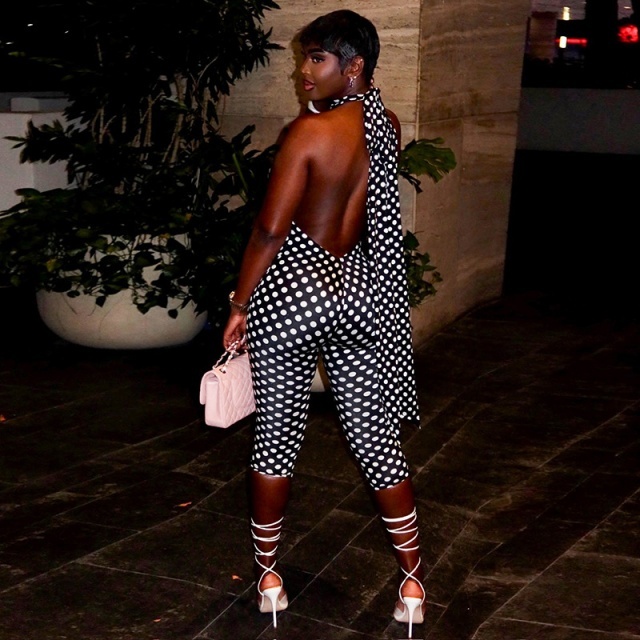 Polka Dots Printed Halter Backless Midi Jumpsuit