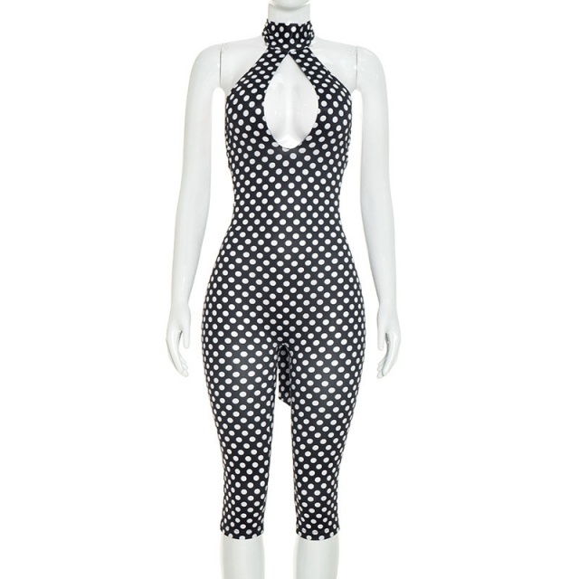 Polka Dots Printed Halter Backless Midi Jumpsuit