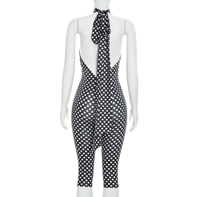 Polka Dots Printed Halter Backless Midi Jumpsuit