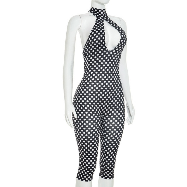 Polka Dots Printed Halter Backless Midi Jumpsuit