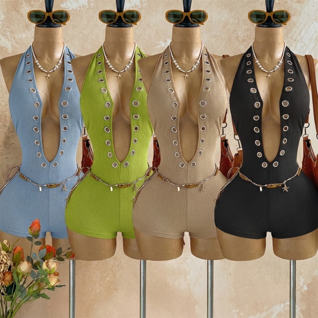 Halter Plunging V Neck Eyelets Design Fitted Romper