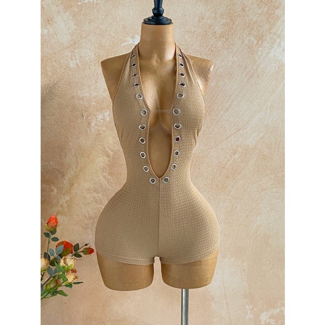 Halter Plunging V Neck Eyelets Design Fitted Romper