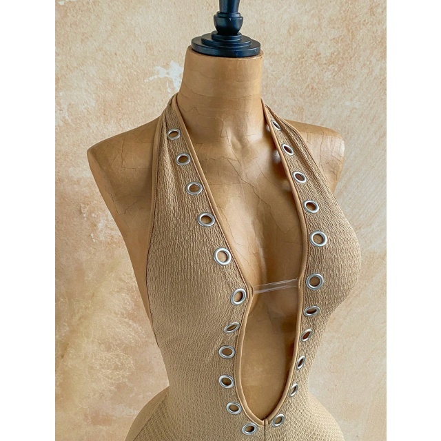 Halter Plunging V Neck Eyelets Design Fitted Romper