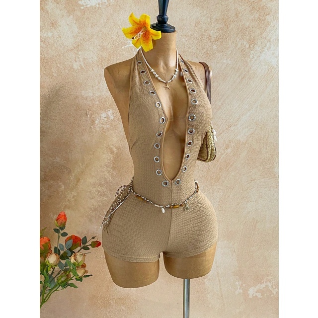 Halter Plunging V Neck Eyelets Design Fitted Romper