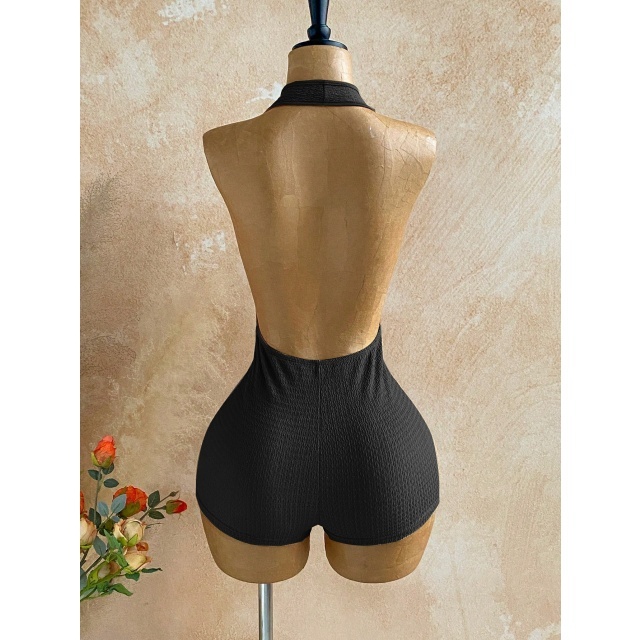 Halter Plunging V Neck Eyelets Design Fitted Romper