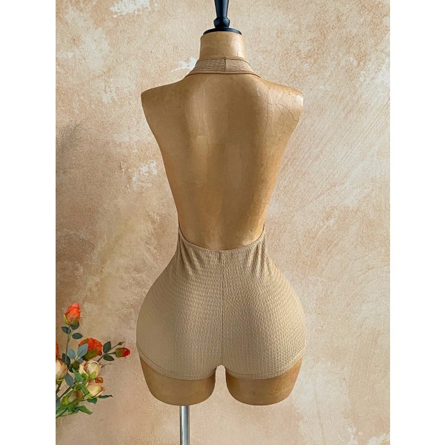 Halter Plunging V Neck Eyelets Design Fitted Romper
