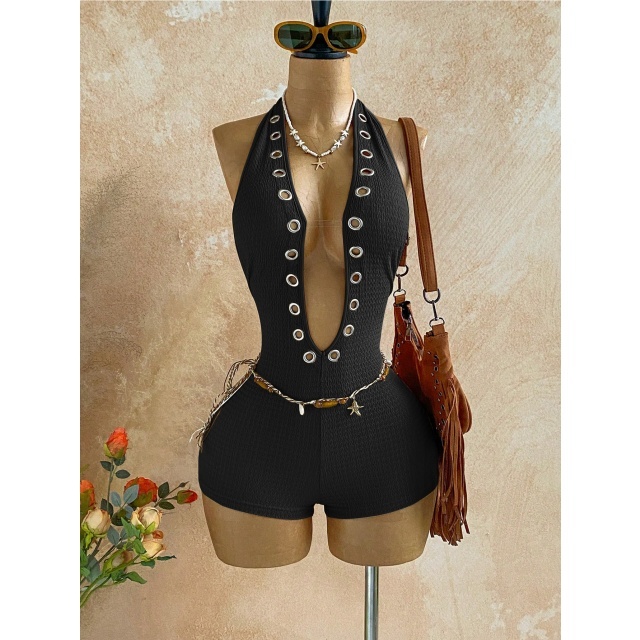 Halter Plunging V Neck Eyelets Design Fitted Romper