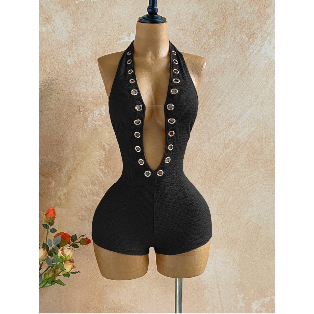 Halter Plunging V Neck Eyelets Design Fitted Romper