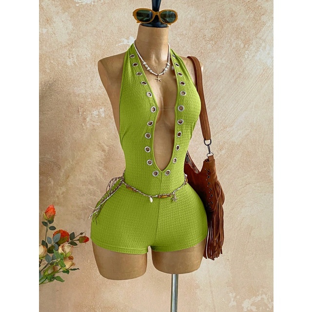 Halter Plunging V Neck Eyelets Design Fitted Romper