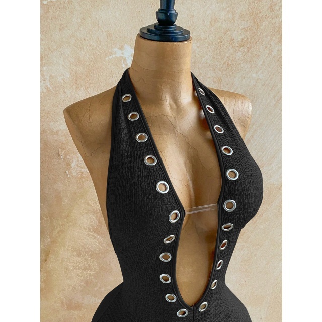 Halter Plunging V Neck Eyelets Design Fitted Romper